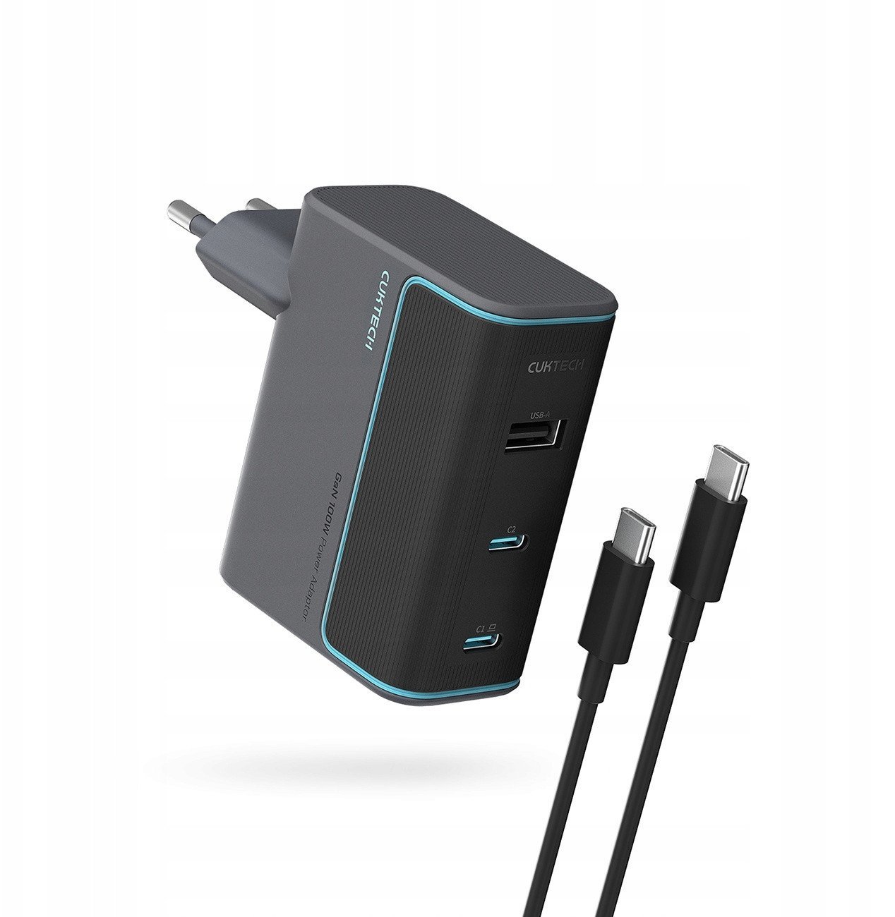 Ładowarka sieciowa Cuktech CUKAD1003EUG GaN 100W 2 x USB-C 1 x USB-A z kablem USB-C -szara
