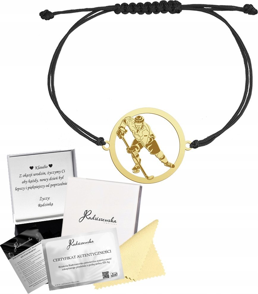 MEJK Jewellery Bransoletka Złota HOKEISTA HOKEJ SREBRO 925 Sznurek Prezent GRAWER GRATIS
