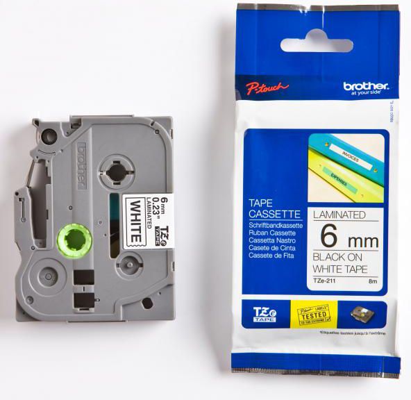 Brother Taśma do drukarek etykiet czarny druk / biały podkład laminowane 6mm x 8m (TZE211)