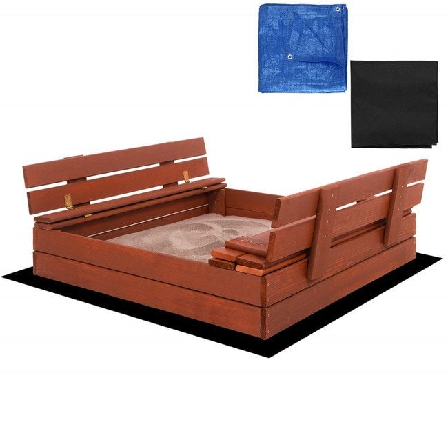 Piaskownica zamykana z ławeczkami 100x100 cm drewno impregnowane, z włókniną i plandeką, brązowa UNIWERSALNY