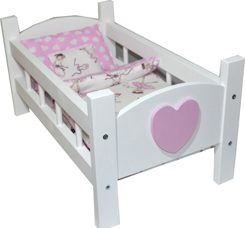Love Gifts Łóżeczko drewniane dla lalek +POŚCIEL W GROSZKI