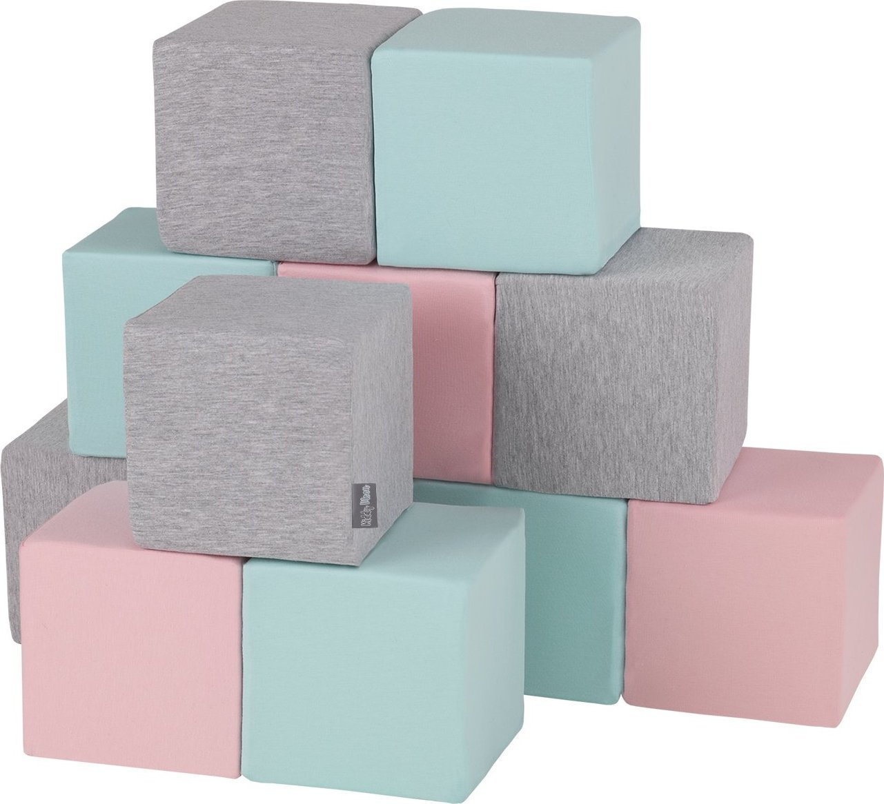 KiddyMoon Miękkie klocki 14cm sześciany: jasnoszary-różowy-miętowy 12 Zabawka klocki z pianki