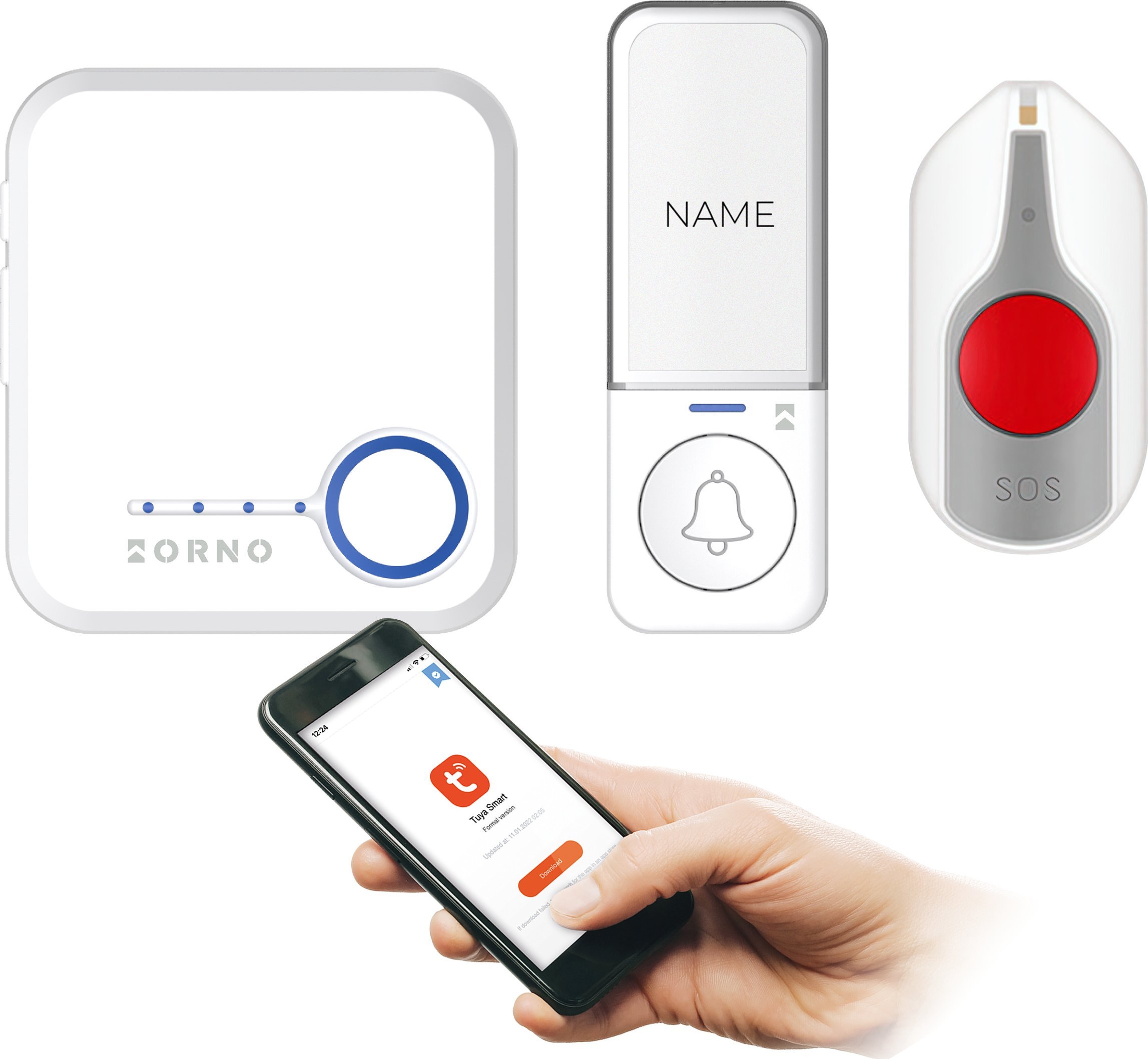 Orno SIGO AC SOS, dzwonek bezprzewodowy sieciowy, Wi-Fi, przycisk wejścia bezbateryjny, przycisk SOS bateryjny, learning system, 52 dźwięki, 200m, bia