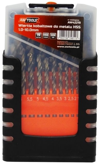 Wiertło AWTools do metalu kobaltowe walcowe 1,5 2 7 4,5 4 5,5 5 1 3 2,5 3,5 6 10 6,5 7,5 8 8,5 9 9,5mm zestaw (AW42219)