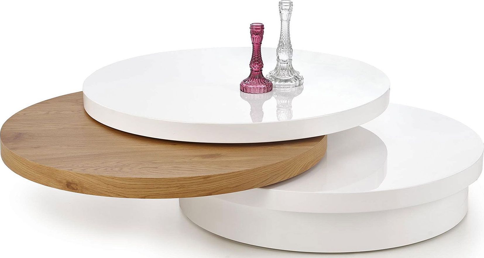 Elior Rozkładana ława okrągła Sofia - biały połysk + dąb