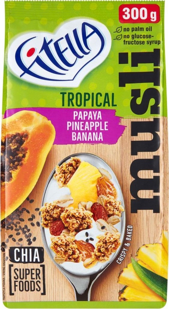 Fitella Fitella Musli chrupkie tropikalne z papają ananasem bananem i nasionami chia 300 g