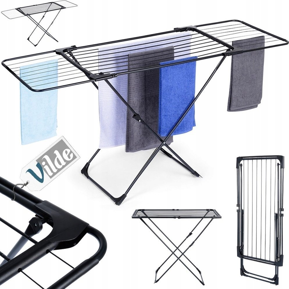 Suszarka na pranie Vilde Suszarka na Pranie Metalowa Czarna Rozsuwana XXL Solidna VILDE 108-182 cm