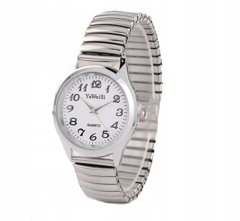 ZEGAREK DAMSKI MĘSKI WYGODNY NA GUMCE BRANSOLETA Srebrny ROZCIĄGLIWY Senior