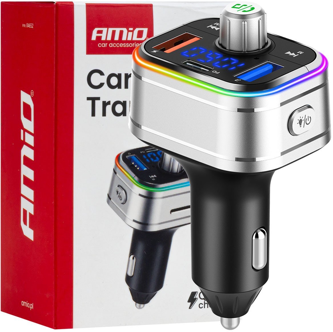 Transmiter samochodowy fm 2×usb-a 1×usb-c microsd 12v 24v amio-04652