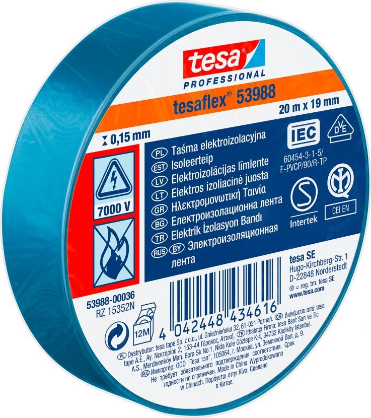 Tesa TAŚMA ELEKTROIZOL.5000V PCW 20M:19MM NIEBIESKA(H5394877) H5398836 TESA