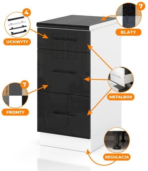 Szafka Kuchenna Stojąca Z Blatem 3 Szuflady 40cm Spremium Czarny Połysk