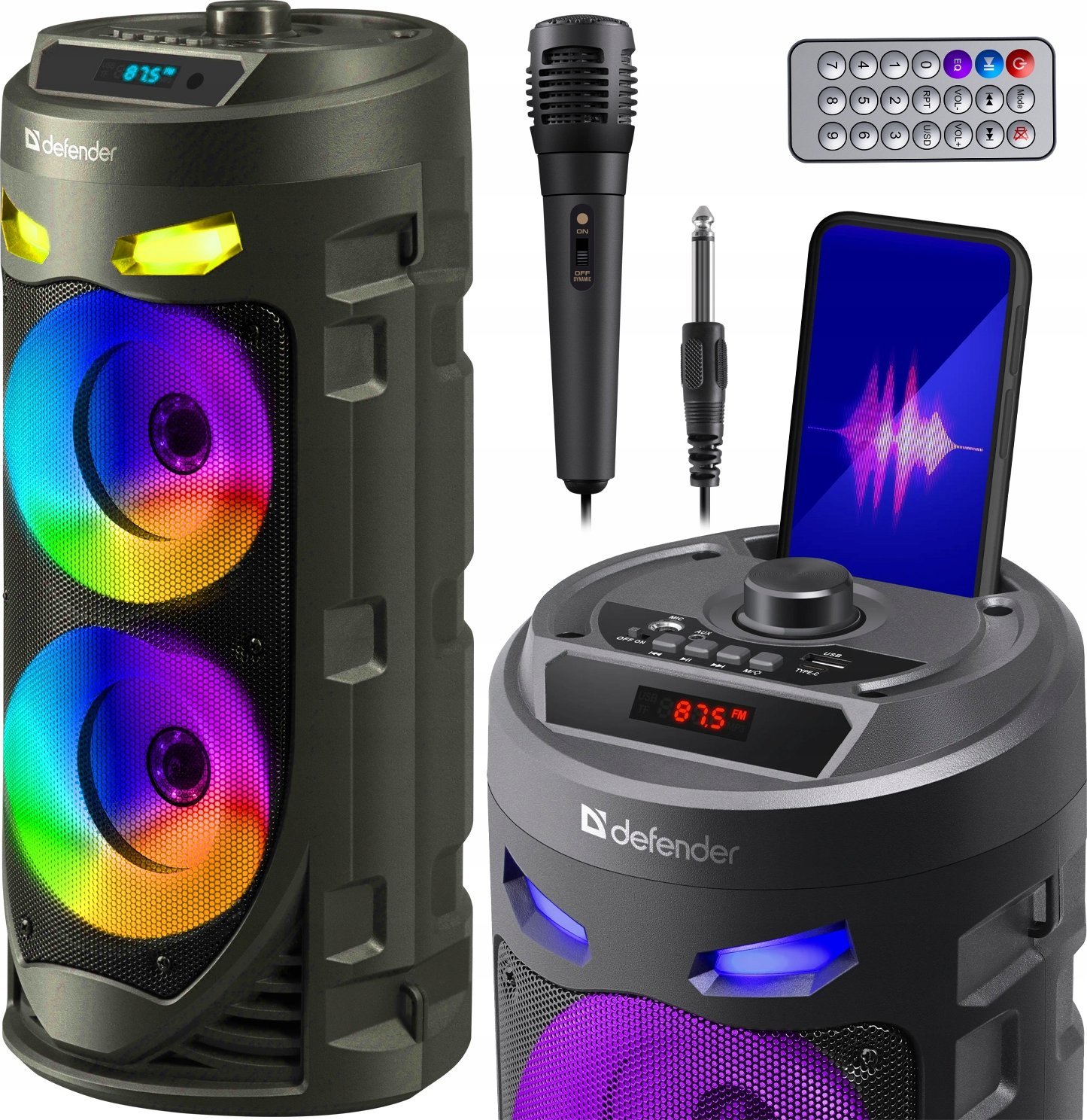 Głośnik Defender Głośnik Defender CRASHBOOM Bluetooth 16W MP3/FM/SD/USB/AUX/TWS/LED/MIC/LCD KARAOKE czarny + mikrofon + pilot