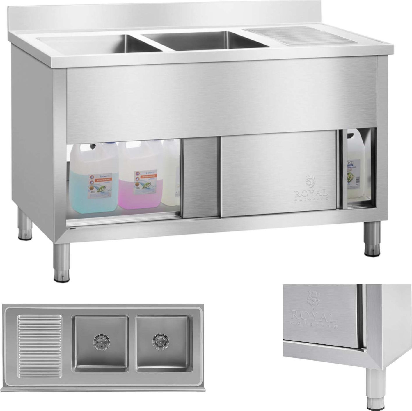 Royal Catering Zlewozmywak zlew gastronomiczny przemysłowy 2-komorowy na podstawie 140cm Royal Catering