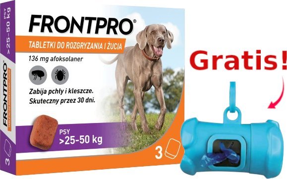 Frontline Frontpro tabletki na pchły i kleszcze XL 136mg 25-50kg x 3tabl + Frontline Dozownik na woreczki GRATIS!