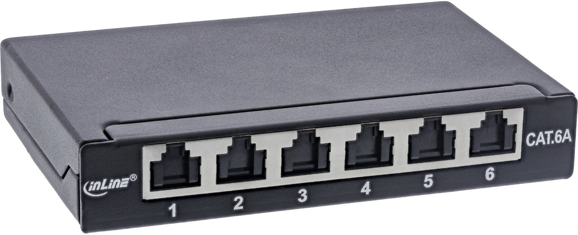 InLine® Patchfeld Cat.6A 0,5HE 6-fach, Tisch/Wand/Hutschiene schwarz Staubschutz