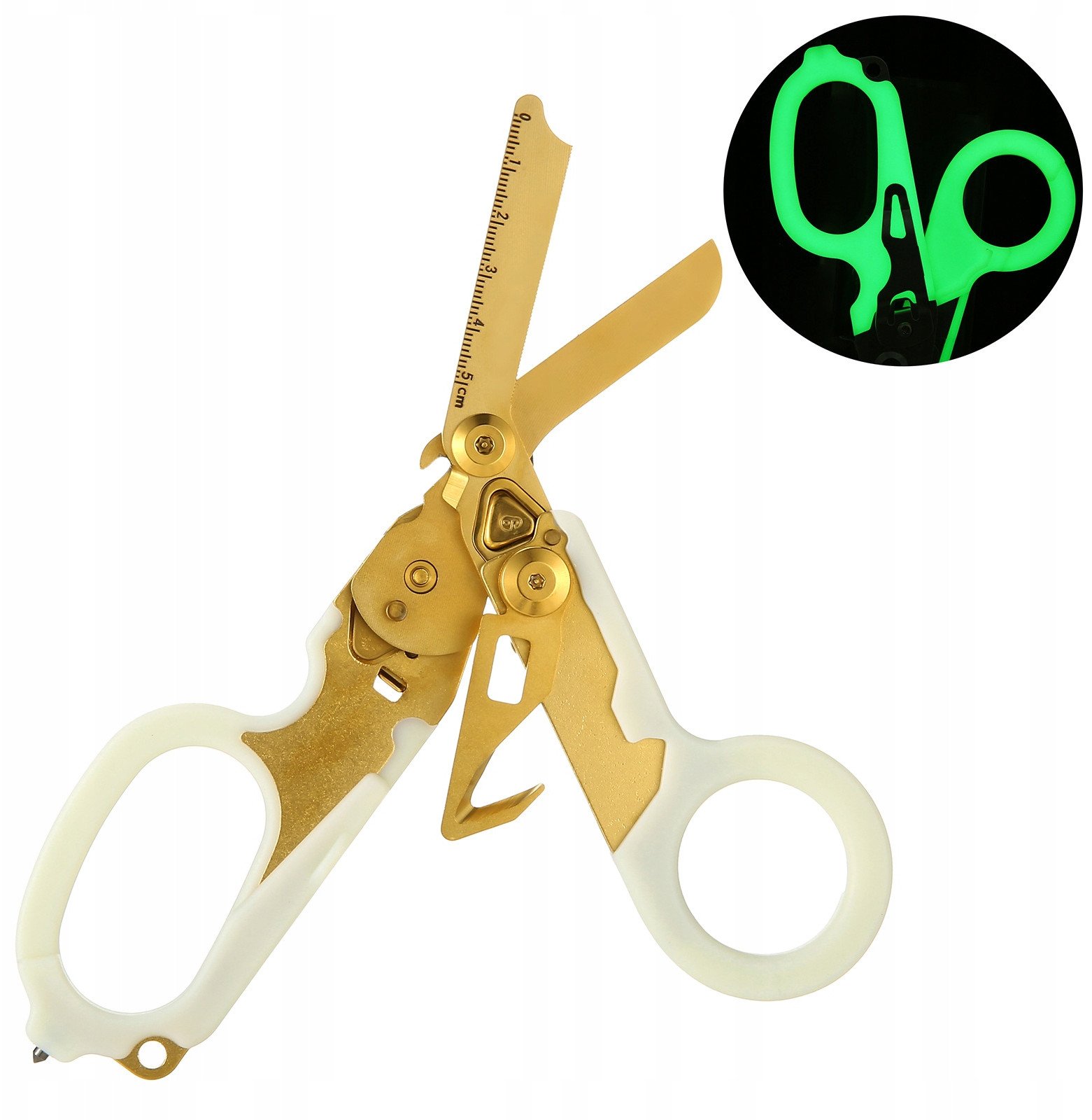 Nożyce MEDYCZNE Taktyczne RATUNKOWE Nożyczki ŚWIECĄCE CIEMNOŚCI 6W1 Złote