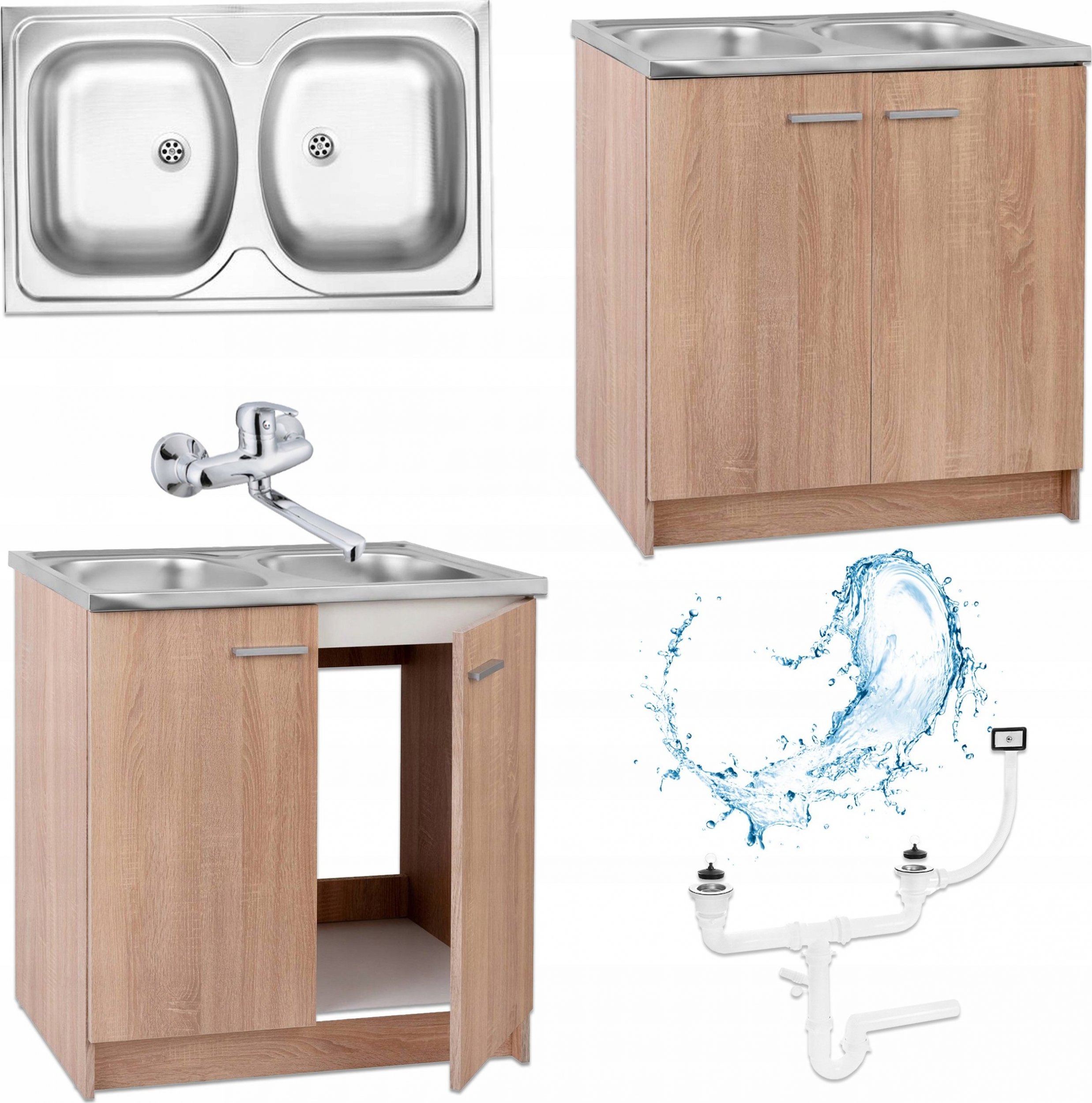 Stamar Szafka Kuchenna Dąb Sonoma 80 cm Zlew 2 Komory Bateria Chrom Ścienna Syfon