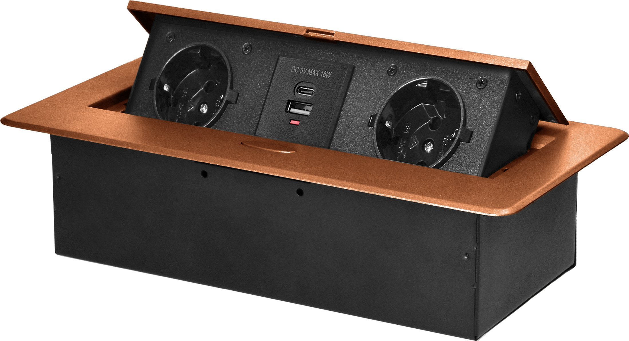 Orno Gniazdo meblowe wpuszczane w blat z płaskim frezowanym rantem i ładowarką USB, 2x2P+Z (Schuko),2xUSB (typ A+C; 3,6A), złote