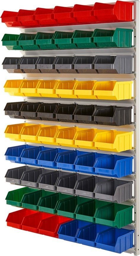 qBox Regał do pojemników warsztatowych, wiszący. Wym: 1610x940x380mm 60 pojemników - takie same (Regał z pojemnikami)