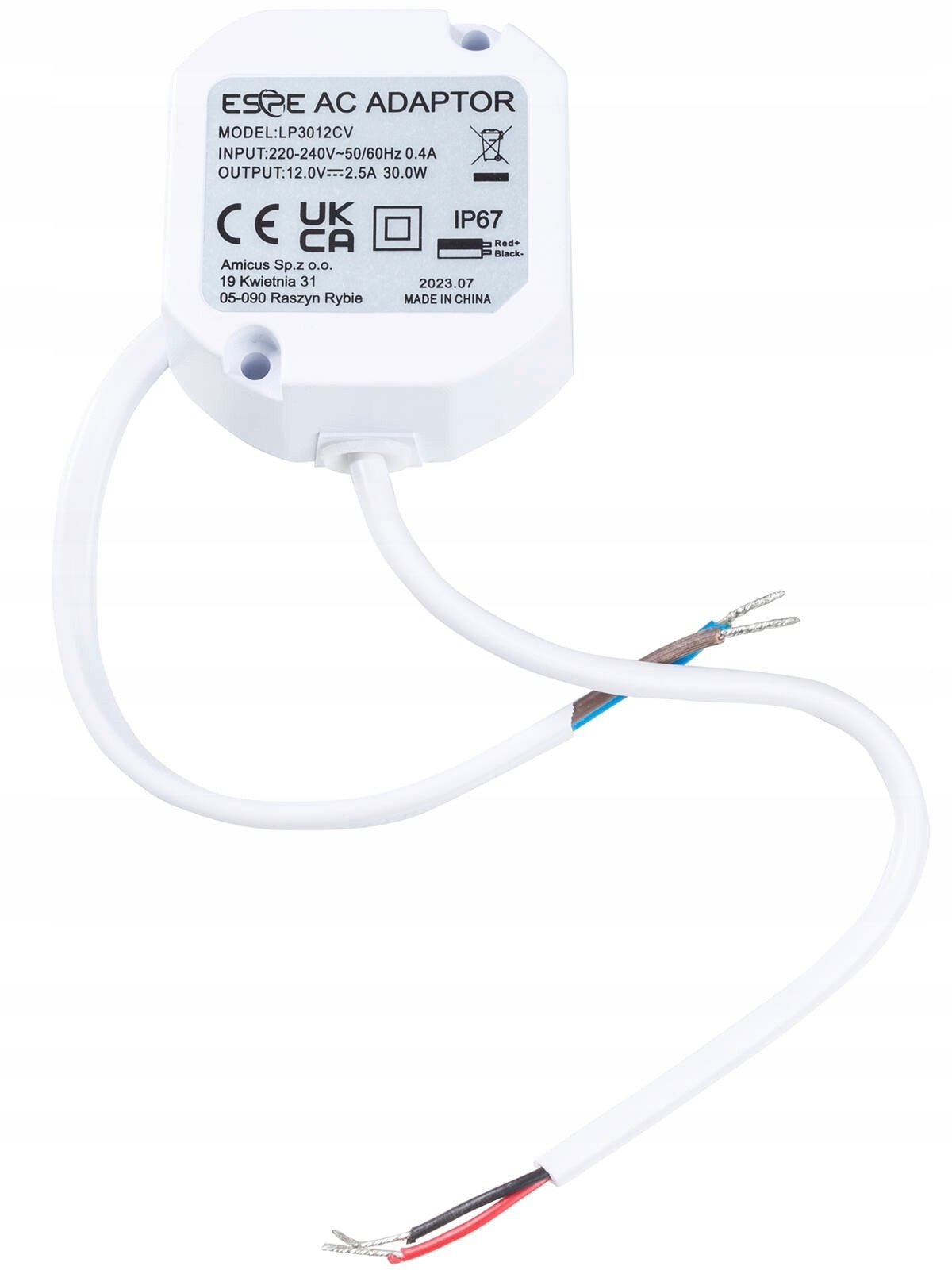 Impulsinis maitinimo šaltinis ESPE LP-3012 (30W, 2.5A/12V, hermetinis IP67, 50x47x25)