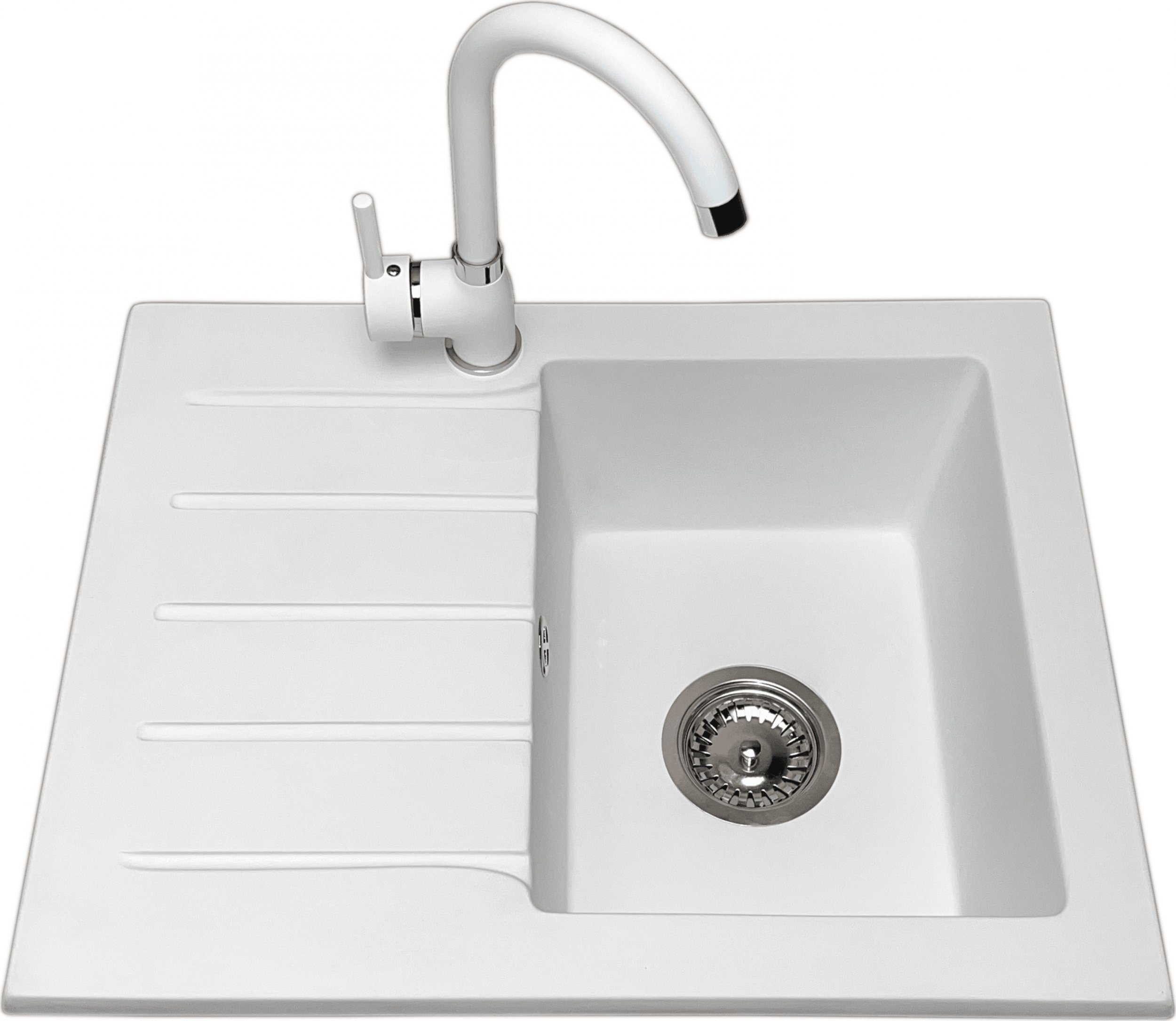 Zlewozmywak PREHNIT Zlewozmywak jednokomorowy z ociekaczem ARAGON biały z lewym ociekaczem + bateria NOON