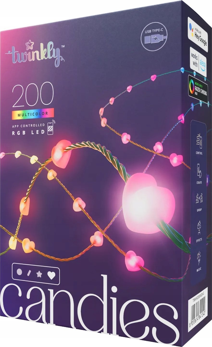 Lampki choinkowe Twinkly Twinkly Candies – 200 Lampki w kształcie serc RGB LEDs, zielony przewód, USB-C