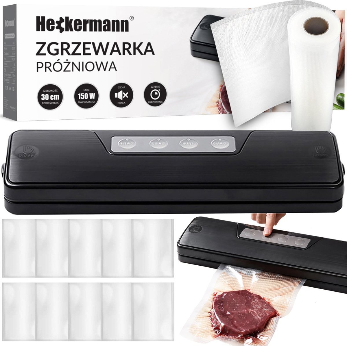 Triton Zgrzewarka próżniowa do pakowania żywności Heckermann GM-77 + folia 15x600 cm - Czarny