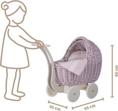 WickerPL LILI WIKLINOWY WÓZEK W KOLORZE PUDROWEGO RÓŻU Z pościelą 55X30 H45 / 46X28 H20/25 CM