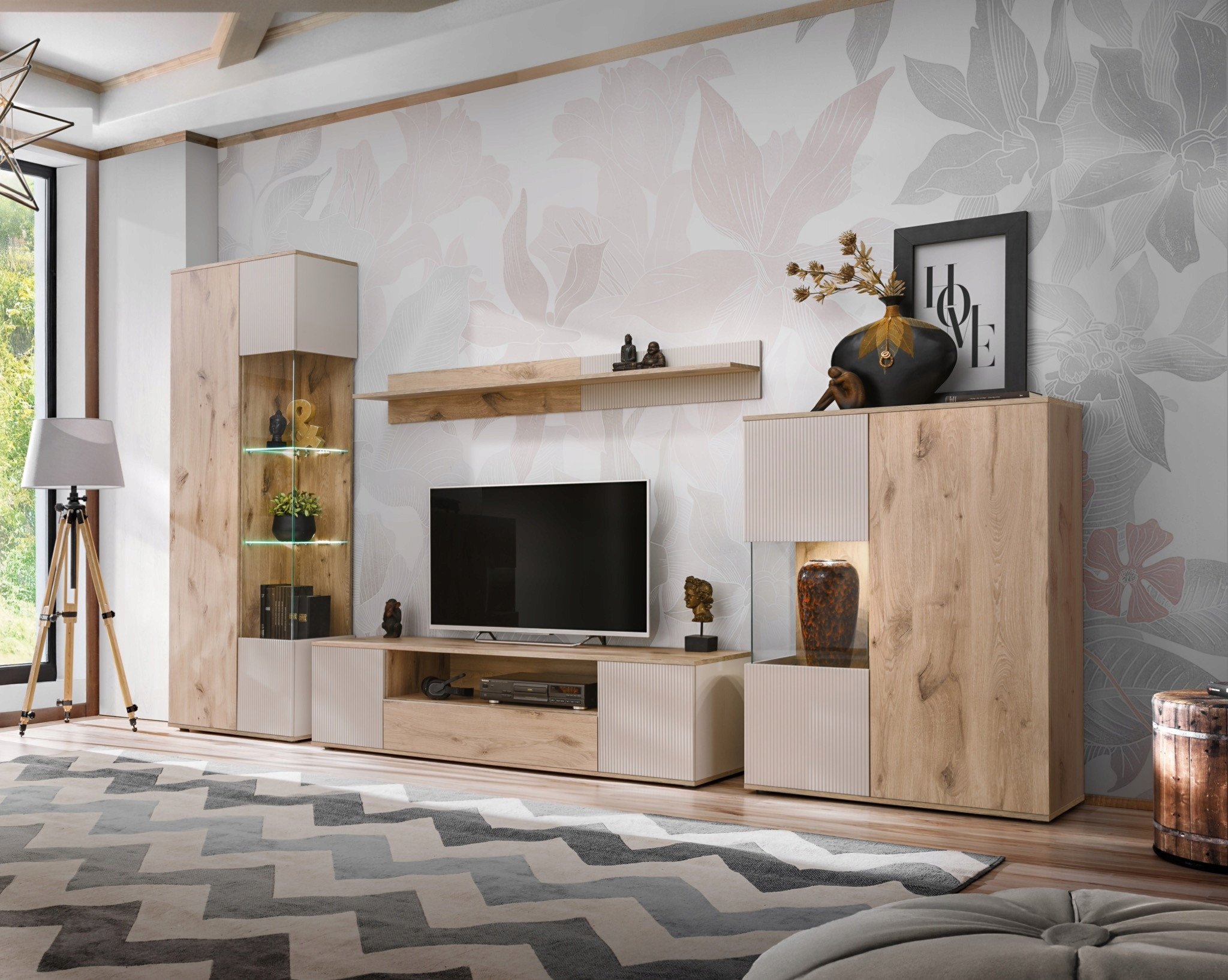 Zestaw Mebli CATALINA do salonu Dąb + Kaszmir RYFLOWANY RTV, Wityny, Półka