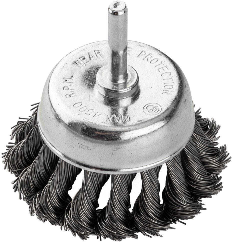 Szczotka druciana doczołowa 75 mm, drut skręcony, stalowy, z trzpieniem 6 mm
