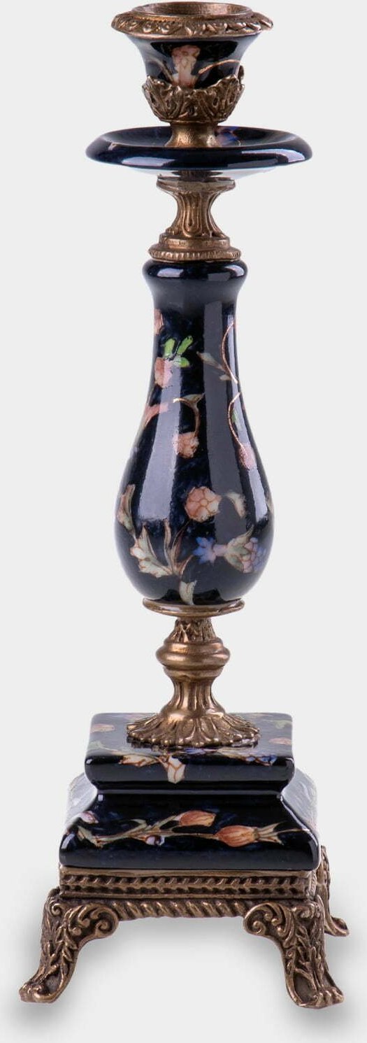 rzezbyzbrazu Porcelanowy Świecznik Pojedynczy z Kwiatami Czarny