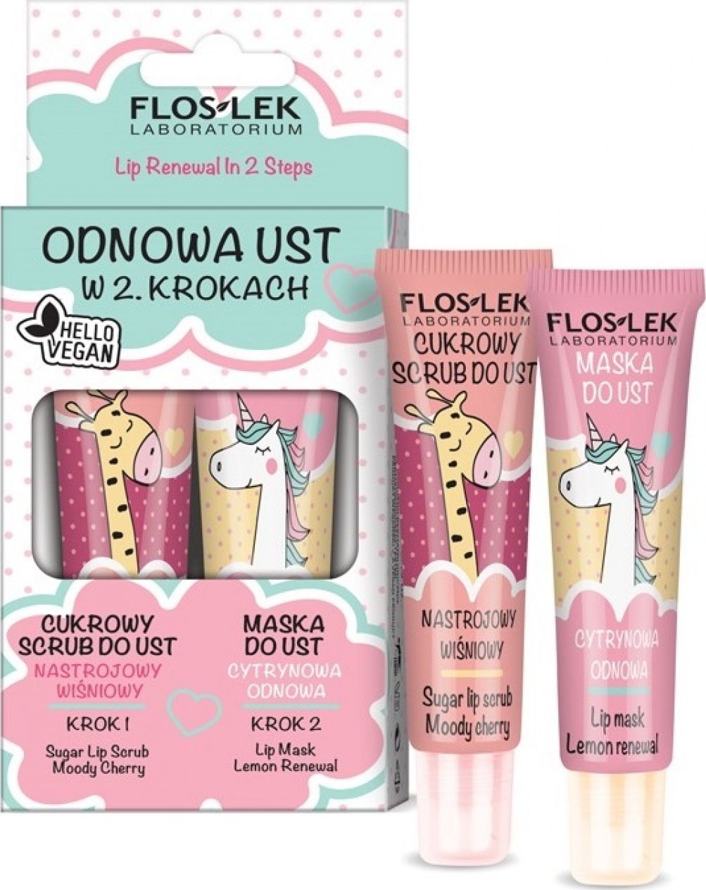 Floslek Lip Care Vege Zestaw Odnowa Ust (Scrub do ust Nastrojowy Wiśniowy 14g+Maska cytrynowa 14g)