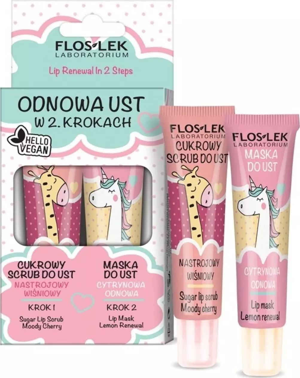Floslek Lip Care Vege Zestaw Odnowa Ust (Scrub do ust Nastrojowy Wiśniowy 14g+Maska cytrynowa 14g)