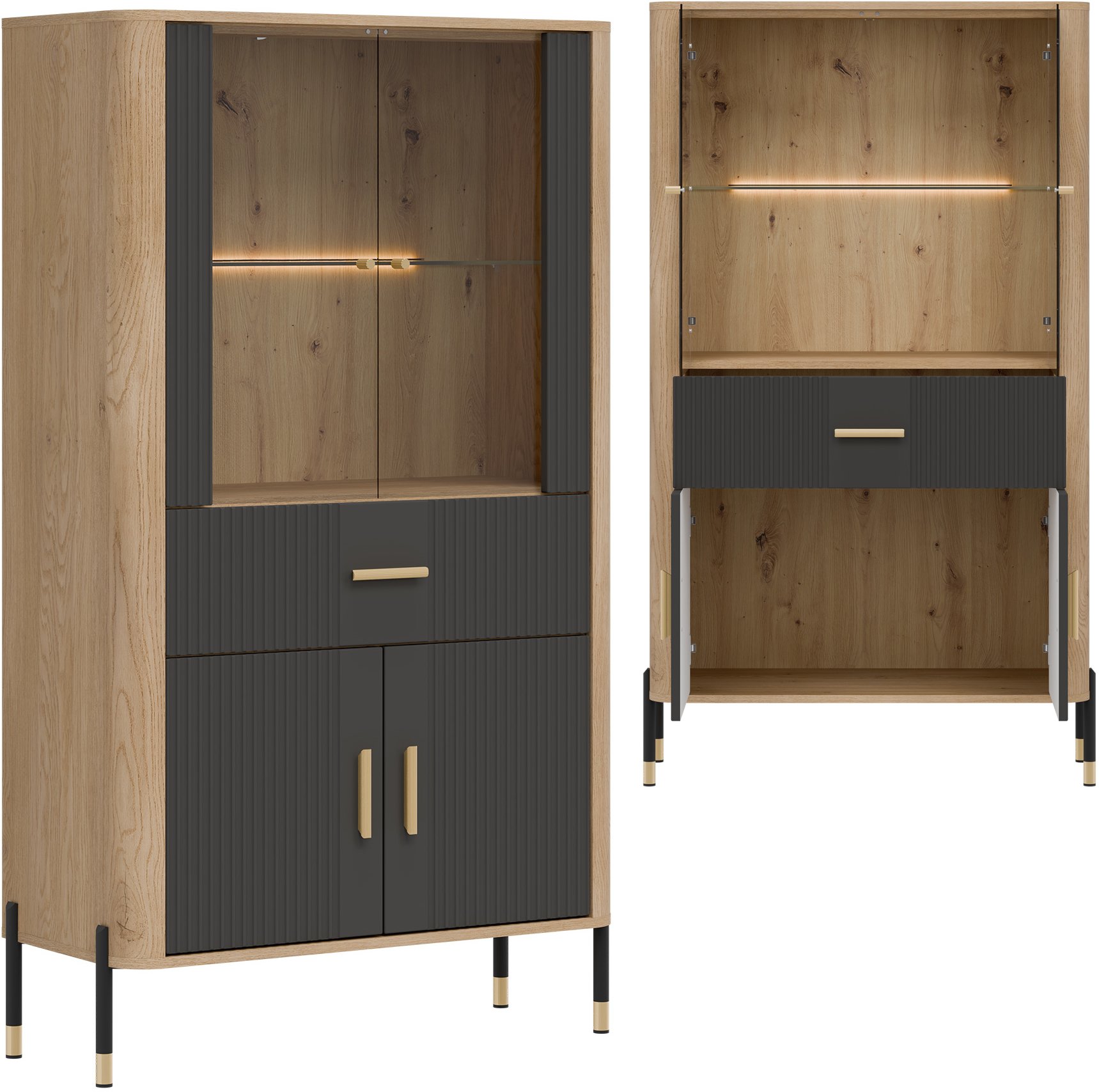 Witryna niska z szufladą Szafka przeszklona Dąb Antracyt Złoty DANTE DT12