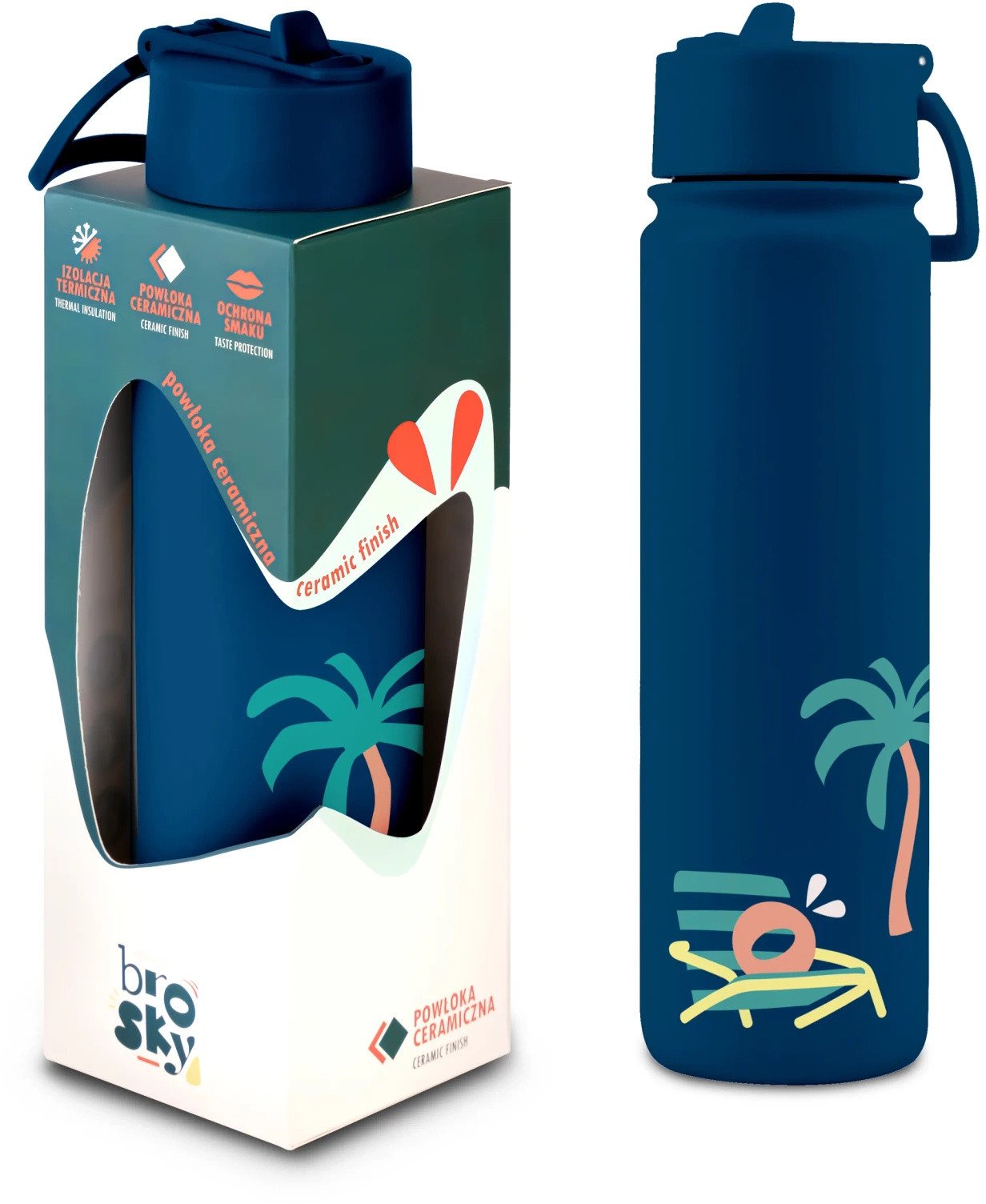 Brosky O. Granatowa metalowa butelka na wodę ze słomką 680 ml