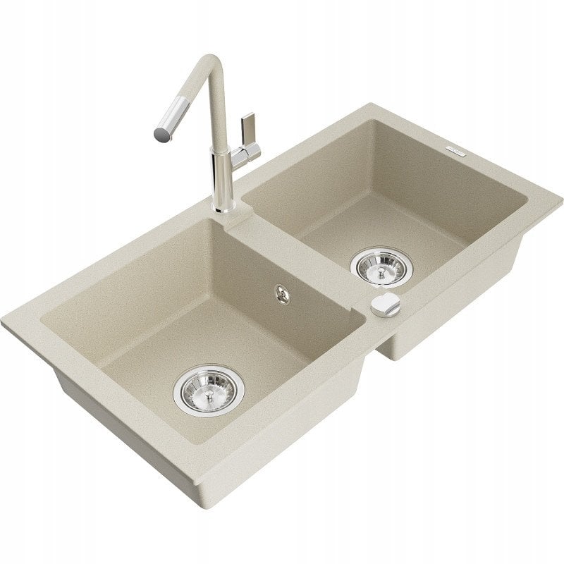 Granitinė virtuvinė plautuvė Mexen Mario su maišytuvu ir sifonu, Beige+Beige/Chrome