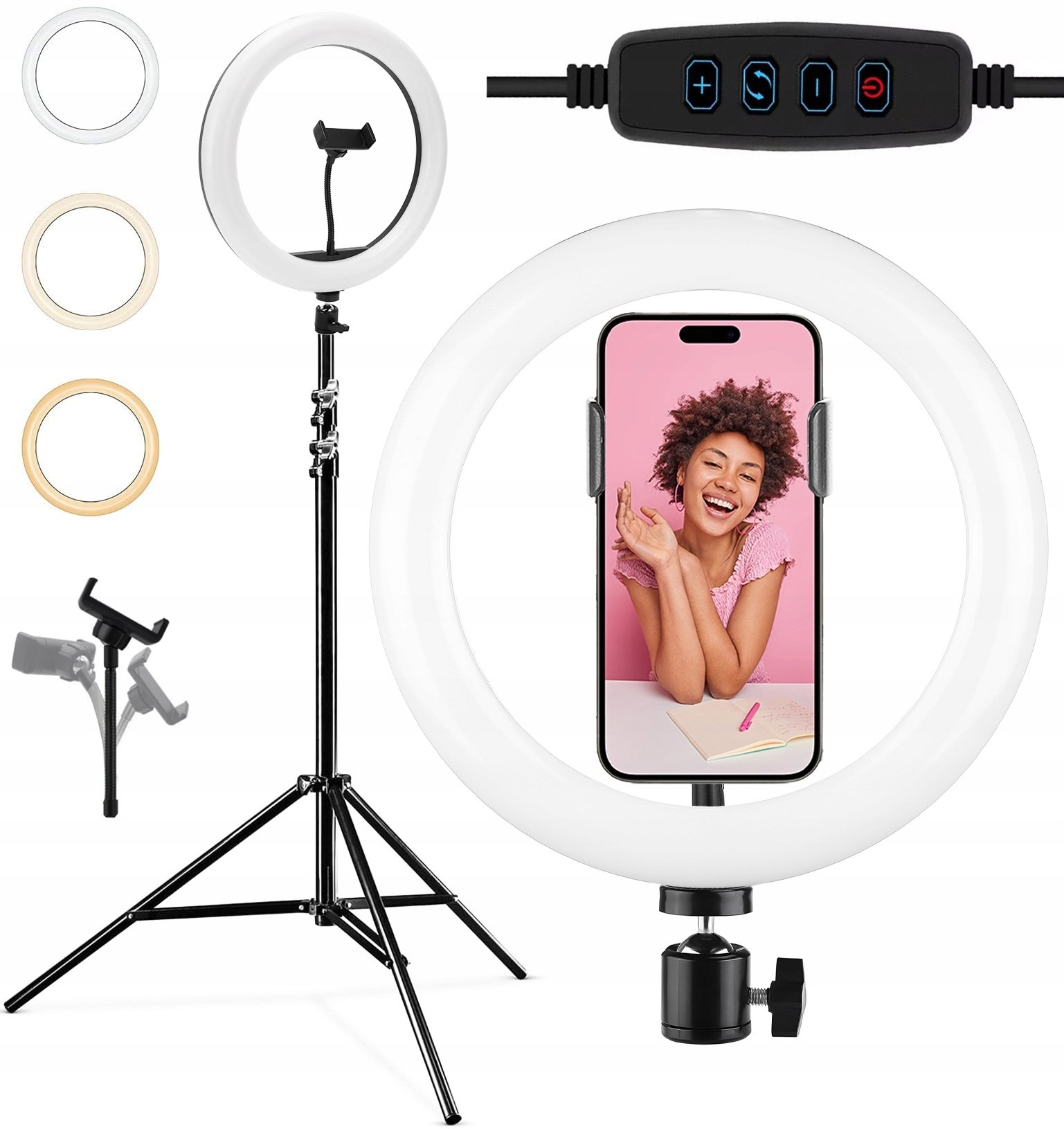 ZESTAW LAMPA PIERŚCIENIOWA LED RING 26cm DO MAKIJAŻU SELFIE + STATYW 210cm