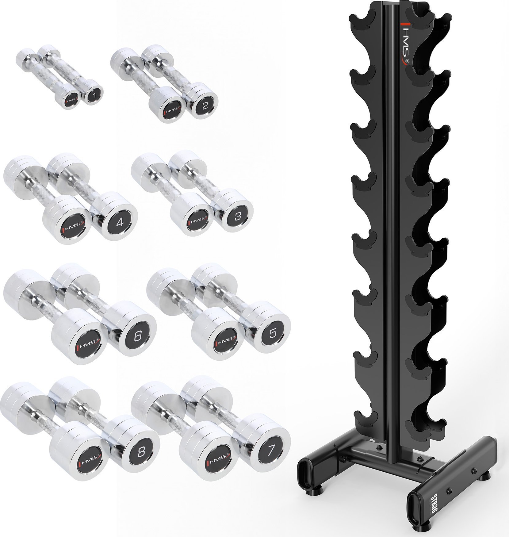 HMS Hantle CHD 16 x Różne rodzaje obciążenia w zestawie (72 kg) + Stojak STR36