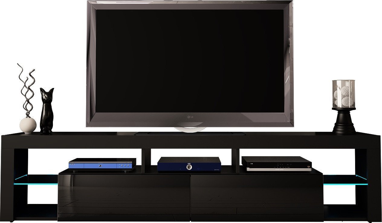 MEGSTYL SZAFKA RTV 200CM - GRAND 7 Czarny mat - Czarny połysk