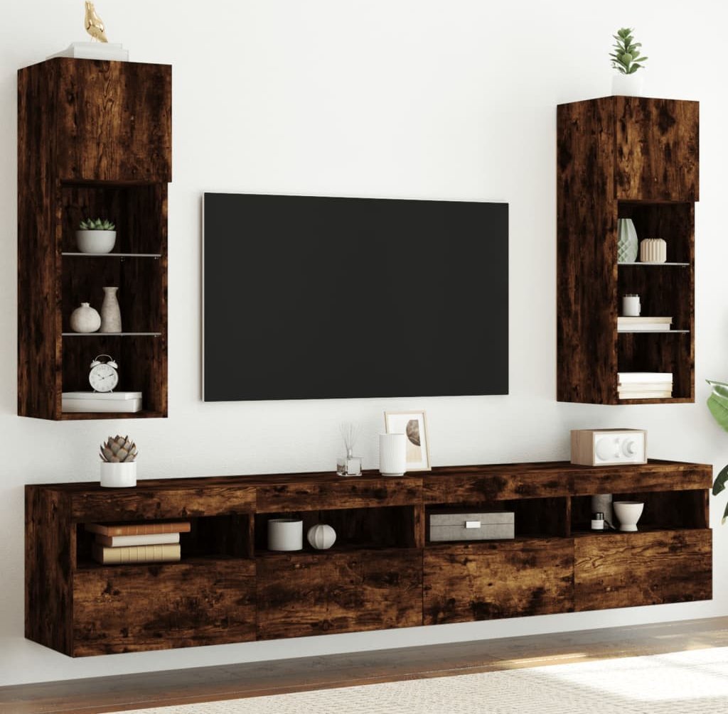 vidaXL Szafki TV, z LED, 2 szt., przydymiony dąb, 30,5x30x90 cm