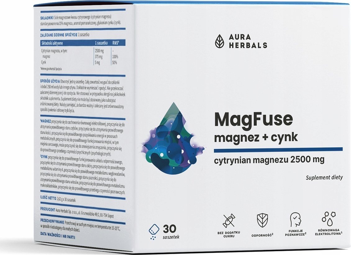 Aura Herbals MagFuse Magnez + cynk suplement diety 30x2,62g