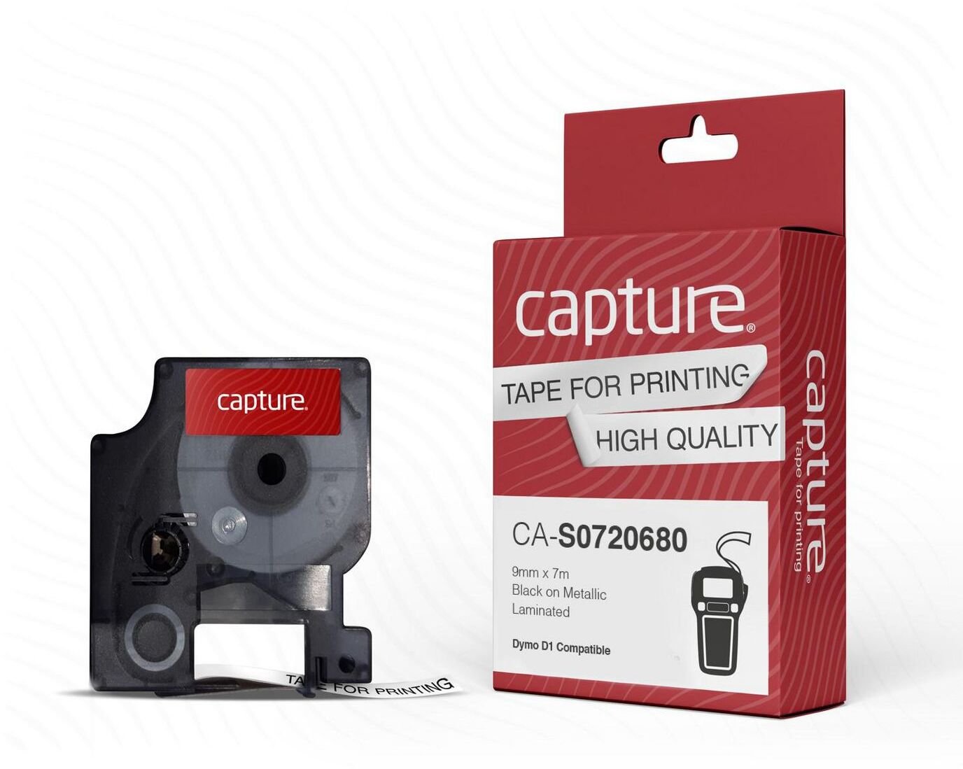 Capture 9mm x 7m Black on White Tape, CA-S0720680