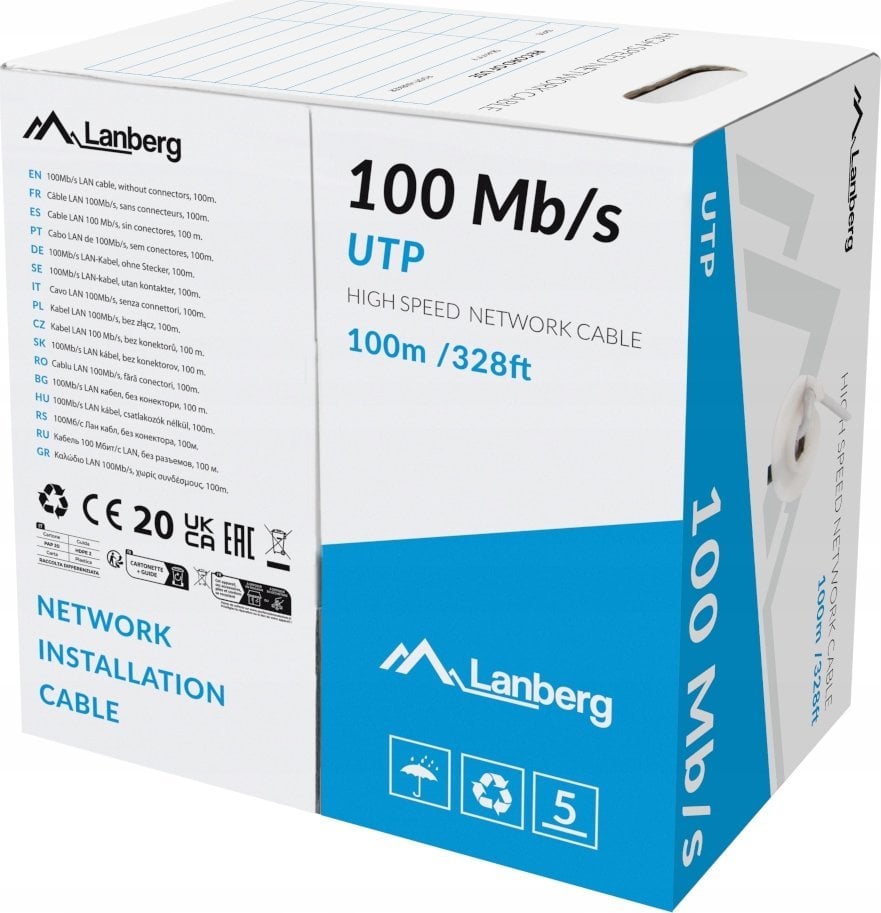 LANBERG Kabel LAN UTP 100mb/s 100m CCA drut Szary