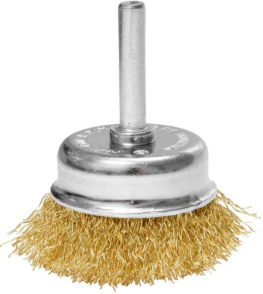 Szczotka druciana doczołowa 50 mm, drut karbowany, mosiądzowany, z trzpieniem 6 mm