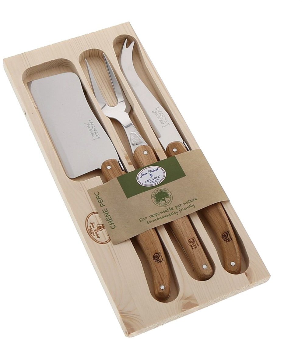 Zestaw noży do sera Laguiole (tasak, nóż, widelec) - drewno dębowe - otwarte pudełko - Jean Dubost