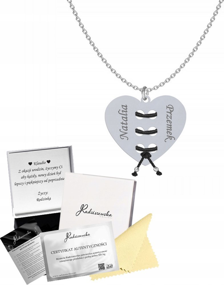 Radziszewska Jewellery Naszyjnik Srebrny Serce Wiązane Imiona Prezent na Dzień Kobiet 925 GRAWER