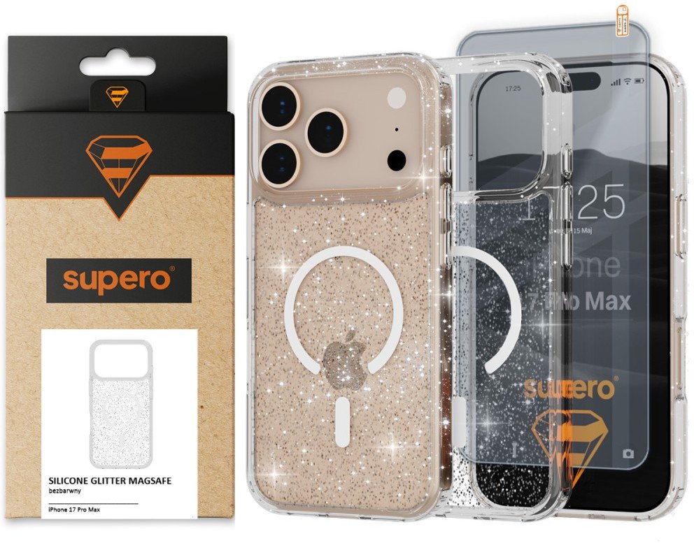 Etui silikonowe brokatowe Supero MagSafe do iPhone 17 Pro Max, przezroczyste + szkło