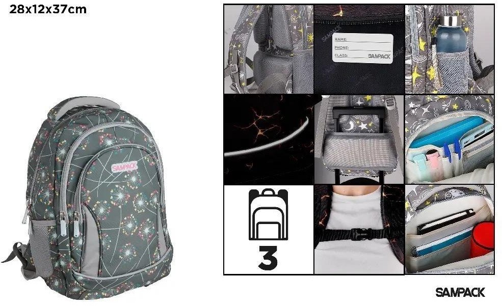 Plecak trzykomorowy Dmuchawce grafitowy 28x12x37cm