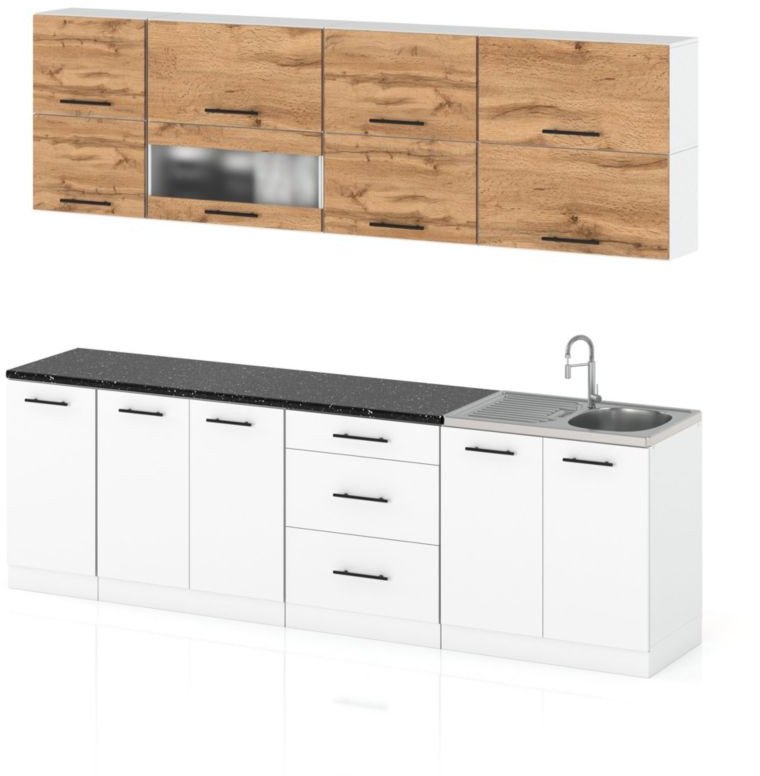 Meble Kuchenne Szare Z Drewnem Marocco 2.6m Nowoczesne Szafki Dąb Wotan