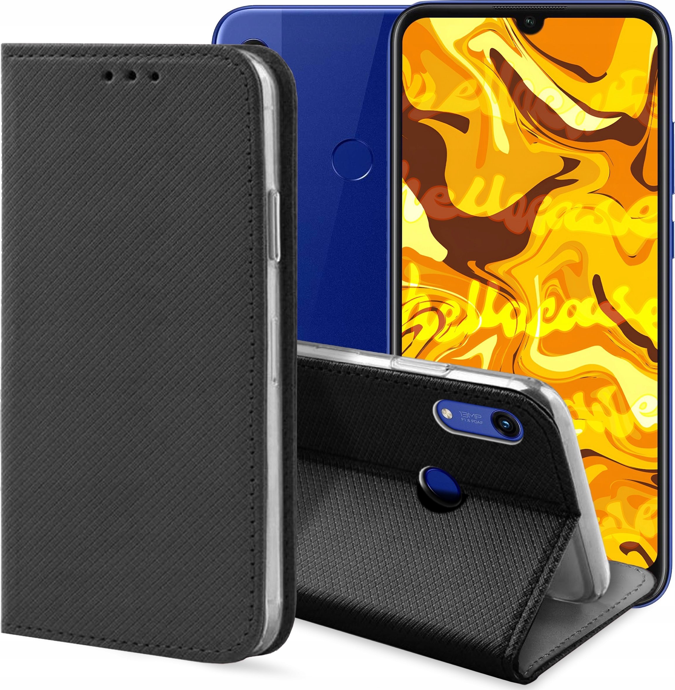 Hello Case ETUI Z KLAPKĄ DO Y6S / Y6 PRIME 2019 / HONOR 8A CZARNE ZAMYKANE MAGNETYCZNE
